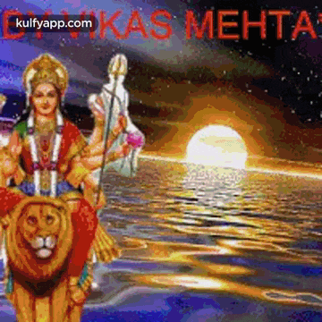 a woman is riding on the back of a lion in the water