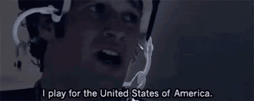 a man in a hockey helmet says " i play for the united states of america "