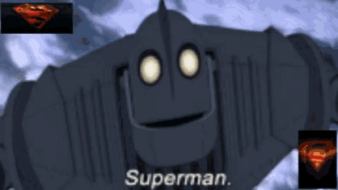 a cartoon robot says superman in front of a picture of superman