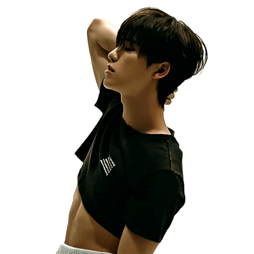 a young man is wearing a black crop top with a white logo on the front