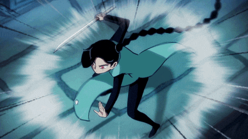 a cartoon character is holding a sword in her right hand