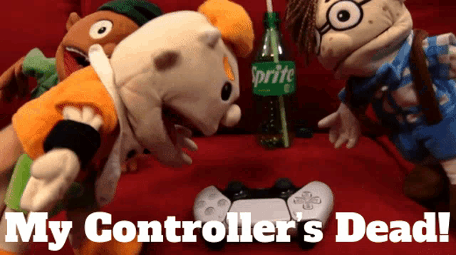 a sprite bottle sits next to a controller with the words my controller 's dead