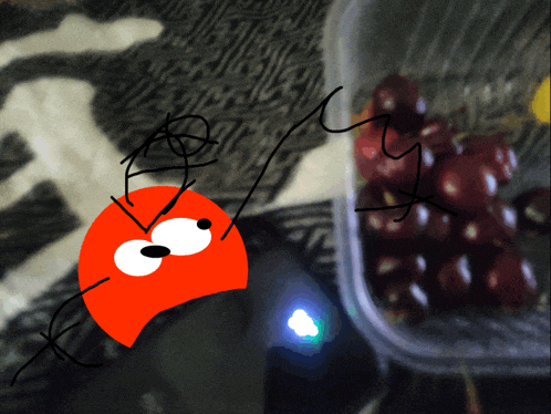 a drawing of a cartoon character standing next to a container of red grapes