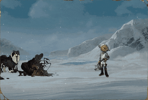 a cartoon character is standing in the snow with a globe on his head