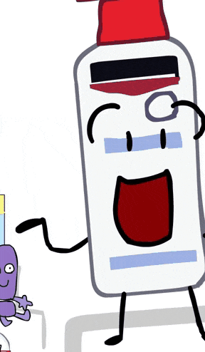 a cartoon drawing of a lotion bottle with a red cap