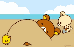 a cartoon of a teddy bear and a chicken on the beach