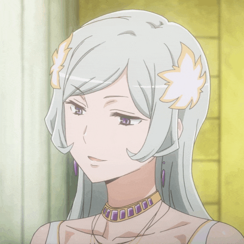 a woman with white hair and a flower in her hair has a necklace around her neck