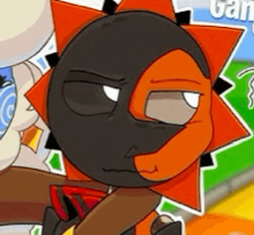 a cartoon sun with a half black and half orange face is looking at the camera .