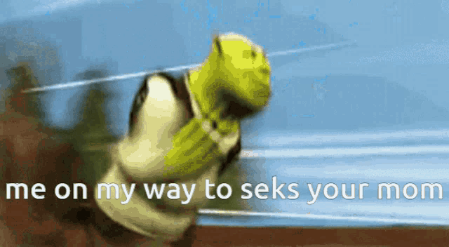 shrek is running with the words me on my way to seks your mom