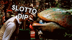 a man standing next to a monster with the words slotto dip written on it