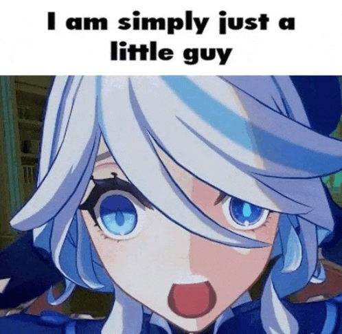 i am simply just a little guy is a meme of a girl with white hair and blue eyes .