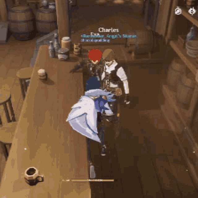 a video game character named charles is standing in front of a counter
