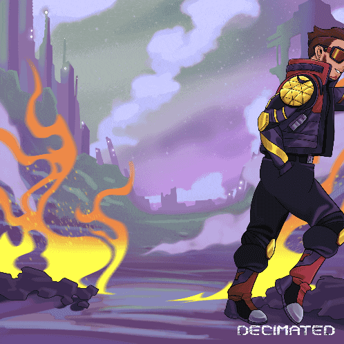 a pixel art drawing of a man with the word decimated at the bottom