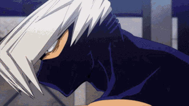 a close up of a cartoon character with white hair and a blue shirt