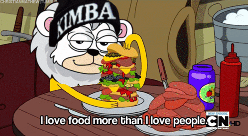a cartoon of a monkey eating a hamburger with the words i love food more than i love people