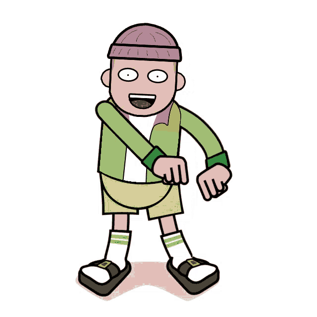 a cartoon drawing of a man wearing a pink hat and green shorts