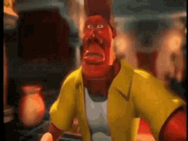 a cartoon character with a red face and a yellow shirt .