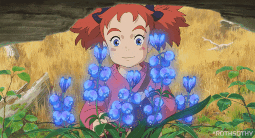 a cartoon of a girl surrounded by blue flowers with rothsothy in the corner
