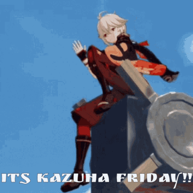a screenshot of a video game character says it 's kazuha friday '