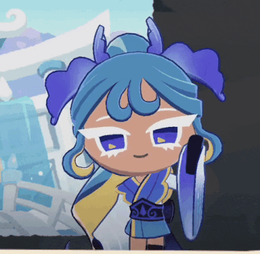 a cartoon character with blue hair and a fan
