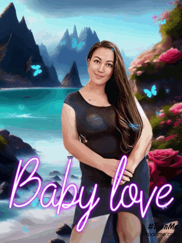 a woman in a black dress stands in front of a landscape with the words baby love written on it