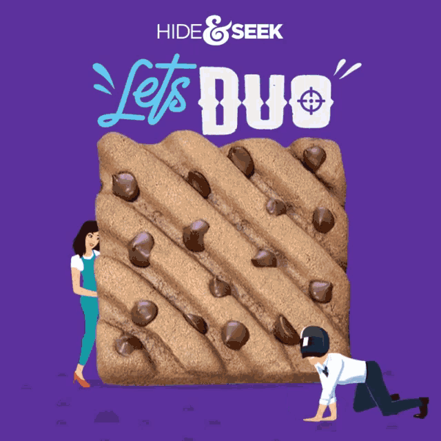 an advertisement for hide & seek shows a man and a woman kneeling next to a cookie