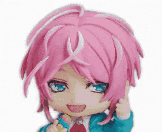 a cartoon character with pink hair and blue eyes is giving a thumbs up