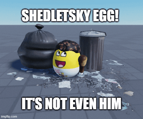 a shedletsky egg is standing in front of trash cans