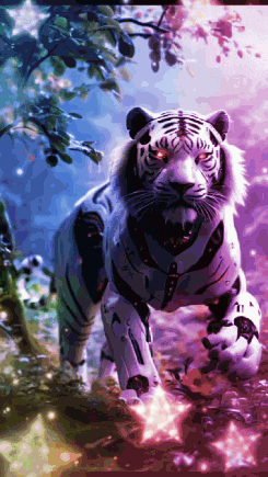 a white tiger with a robotic suit on is walking through a purple forest .
