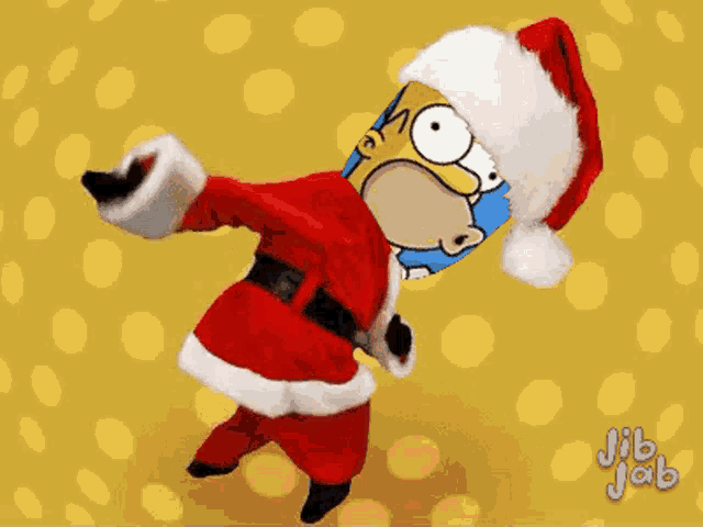 homer simpson is wearing a santa suit and hat and dancing .