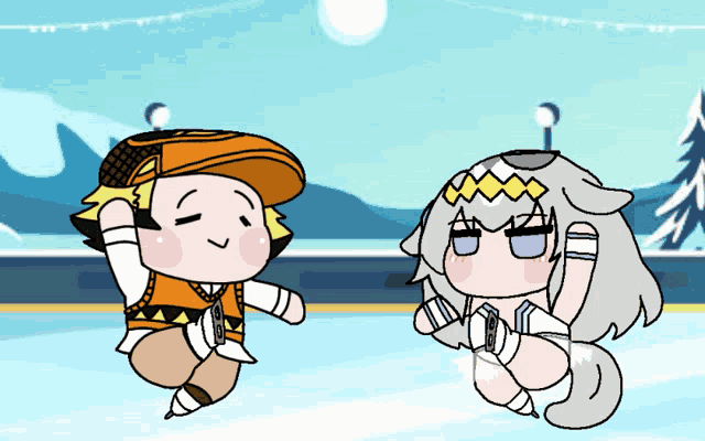 a cartoon of a boy and a girl ice skating on a rink