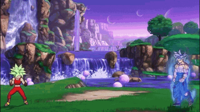 a video game scene with a waterfall and a cartoon character