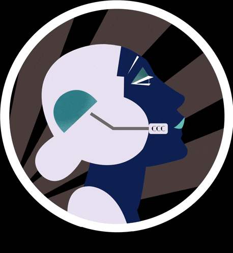 a drawing of a person 's face with a headset that says ccc on it