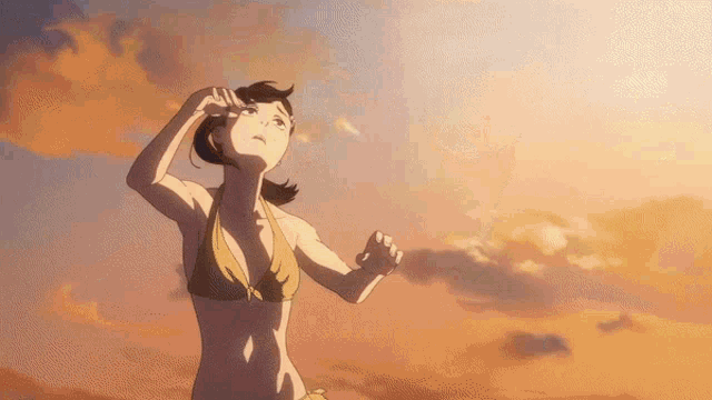 a woman in a bikini is standing in front of a cloudy sky