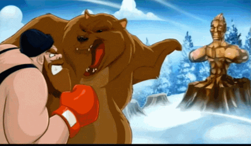 a cartoon of a man boxing a bear with a statue behind him