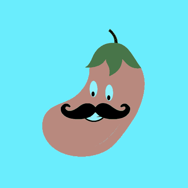 a cartoon illustration of an eggplant with a green leaf and a mustache