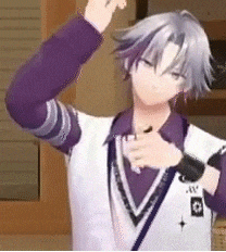 a boy with gray hair and purple sleeves is wearing a white and purple shirt .