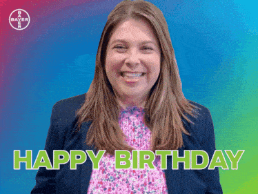 a woman is smiling and says happy birthday in green letters