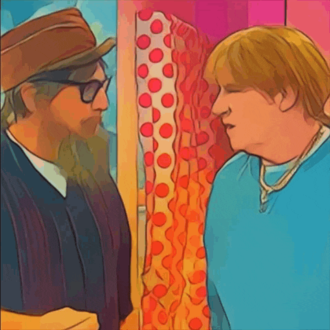 a man in a hat and glasses is talking to another man in a blue shirt