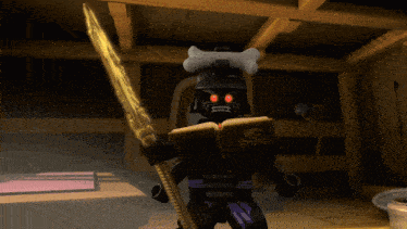 a cartoon character with a bone on his head is holding a gold sword