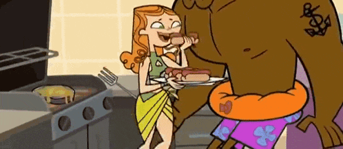 a cartoon of a man and a woman eating hot dogs .