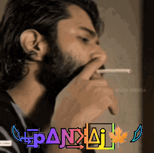 a man with a beard is smoking a cigarette and the word pandai is on the bottom right