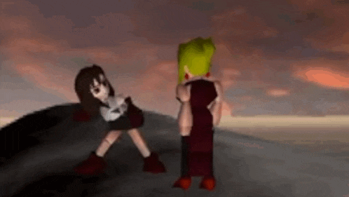 a man and a woman are standing next to each other on top of a hill .