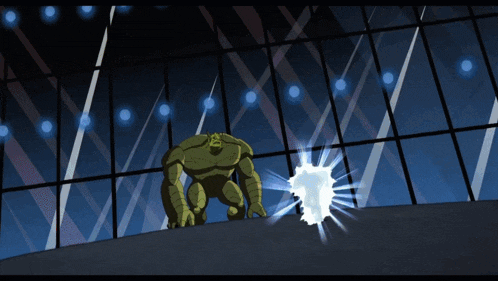 a cartoon of a monster standing in front of a window with a light coming out of it