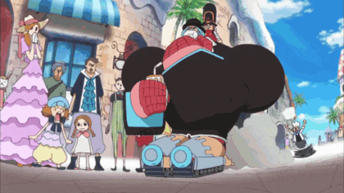a group of people are standing around a cartoon character with huge arms