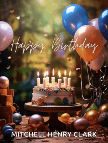 a birthday card for mitchell henry clark with a cake
