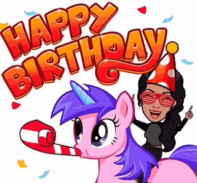 a cartoon of a woman riding a pink unicorn with the words " happy birthday " above it