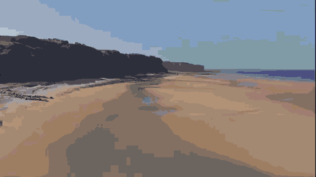 an aerial view of a sandy beach with a cliff in the background