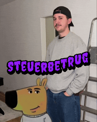 a man standing next to a cartoon dog with the word steuerbetrug written above him