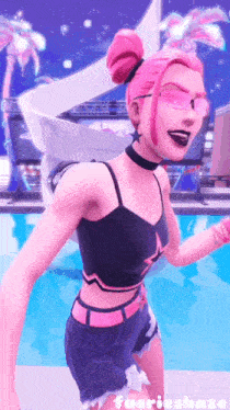 a girl with pink hair and sunglasses is standing next to a pool and the words fuerieshaze are on the bottom